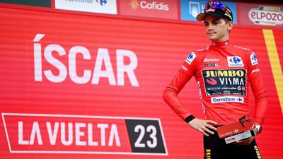 ÍSCAR, SPAIN - SEPTEMBER 15: Sepp Kuss of The United States and Team Jumbo-Visma celebrates at podium as Red Leader Jersey winner during the 78th Tour of Spain 2023, Stage 19 a 177.1km stage from La Bañeza to Íscar / #UCIWT / on September 15, 2023 in Ís...