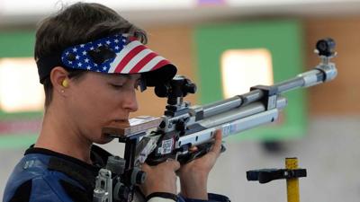 Sagen Maddalena prepares to shoot in an Olympic event.