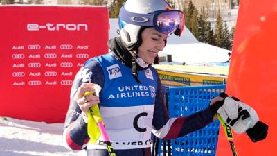 Dec 11, 2024; Beaver Creek, CO, USA; Lindsey Vonn of the United States reacts after finishing the course as a forerunner during women's downhill training for the 2024 Stifel Birds of Prey Audi FIS alpine skiing World Cup at Birds of Prey. Mandatory Cred...